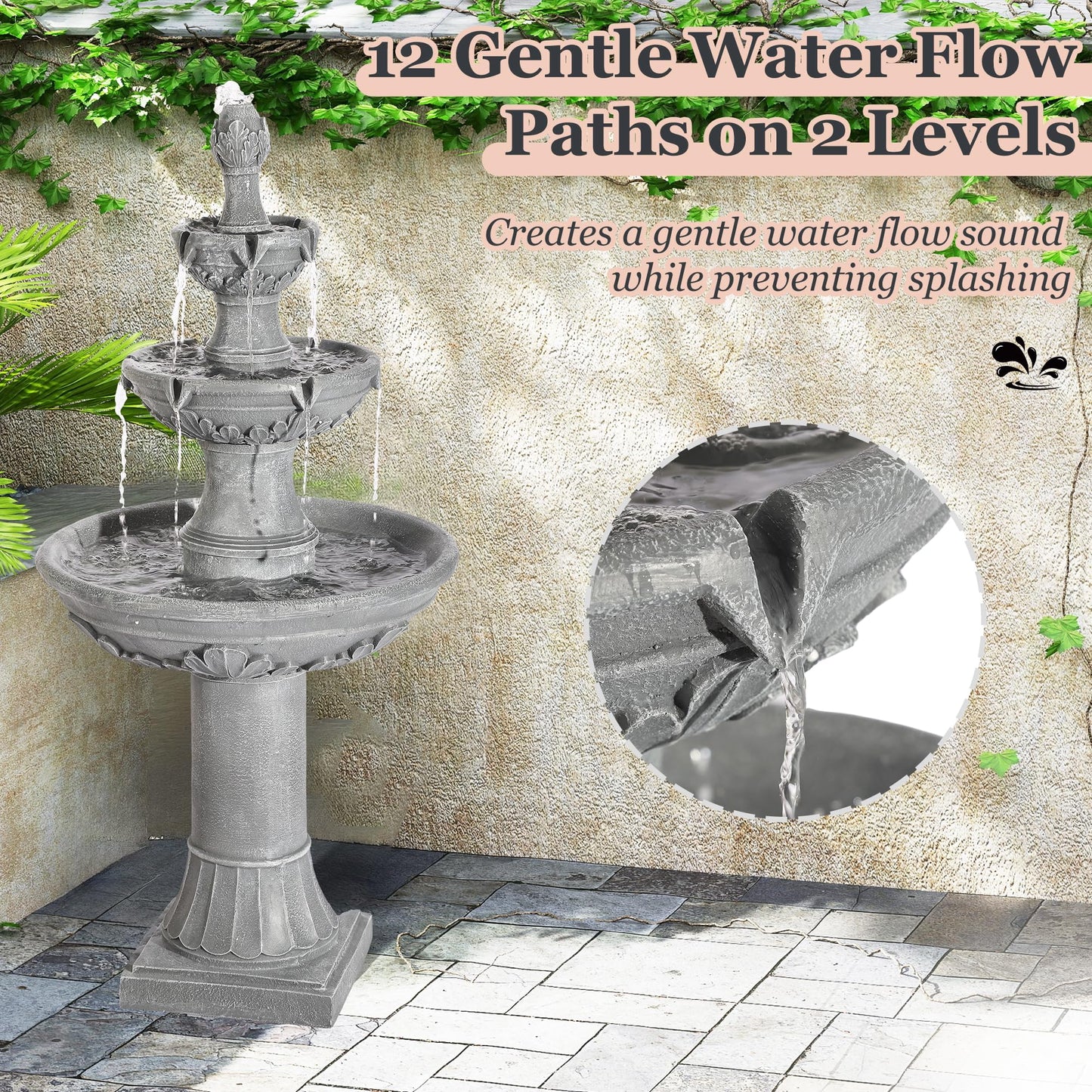 MAGIC UNION Outdoor Garden Water Fountains, 48.4''H Italian Style Fountain and Waterfall Outside, 3-Tier Large Bubbler Cascading Indoor Floor Fountain Features with Pump for Home Yard Decor (Gray)