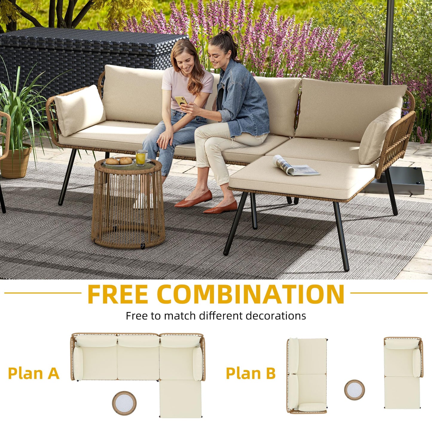 DWVO Patio Furniture Set 3 Piece Outdoor Wicker Conversation Set with Detachable Cushions and Coffee Table L-Shaped Sectional Sofa Set Outdoor Furniture Set for Backyard Porch Deck - Beige