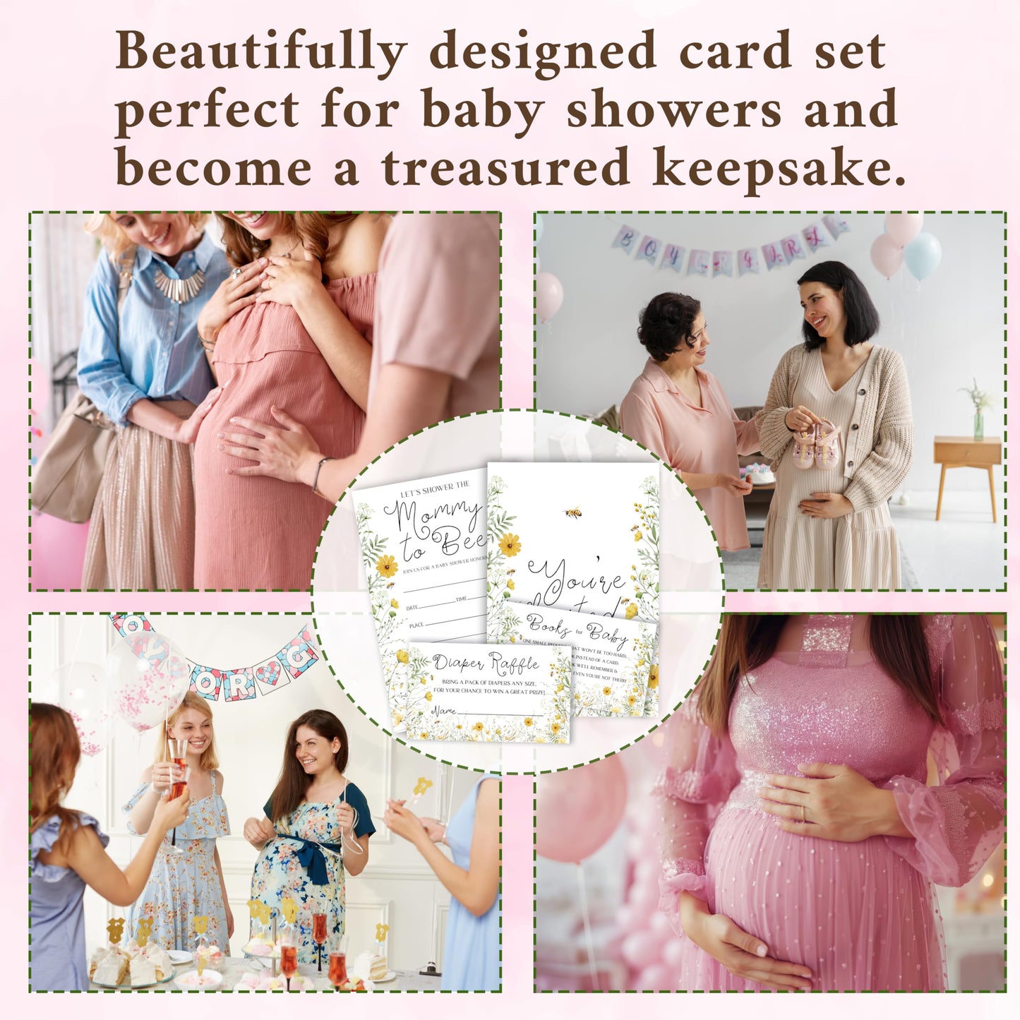 Mommy To Bee Baby Shower Invitation With Envelopes, Diaper Raffle Tickets, Books Request Cards, Honey Bee Baby Shower Decorations Supplies Favors Set, Gender Reveal Party Invites, 25 Cards Each -06