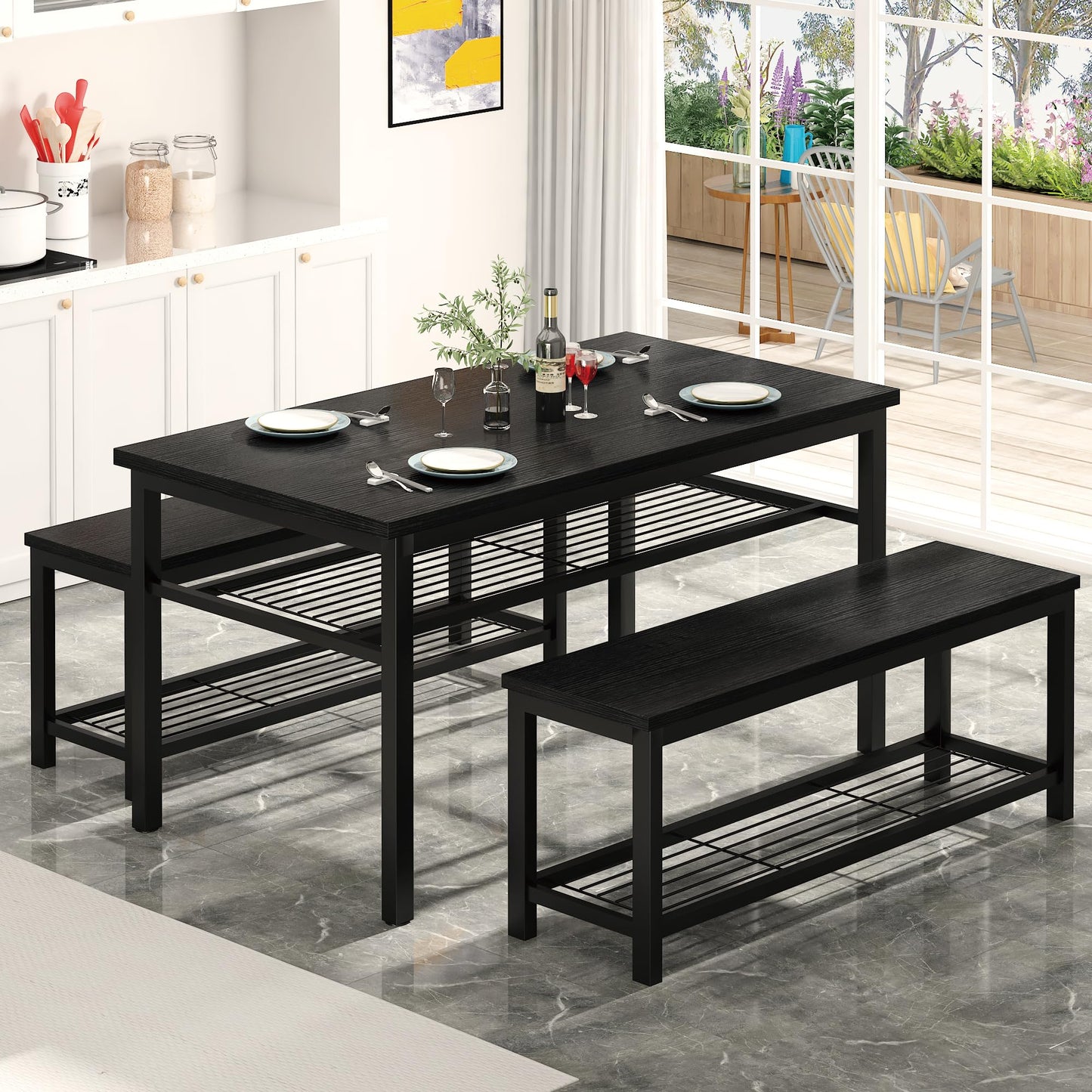 Lamerge 3-Piece Dining Table Set, Industrial Kitchen Table and Chairs Set for 4, Dining Table and 2 Benches with Storage Shelf, Dining Table Set for Dining Room Kitchen, Black