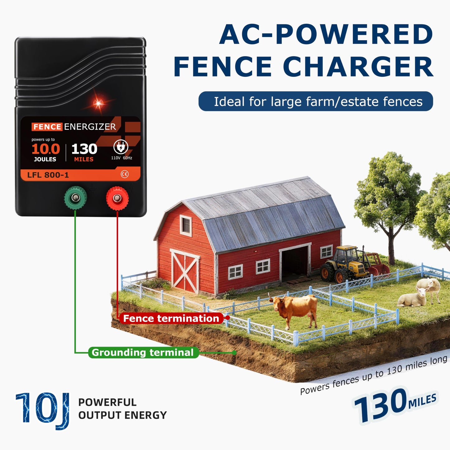 Electric Fence Charger AC Powered 130 Miles, 110 Volt 10 Joule Plug-in Electric Fence Energizer, Output Voltage Max 11.4 KV for Livestock, Preventing Predators from Intruding