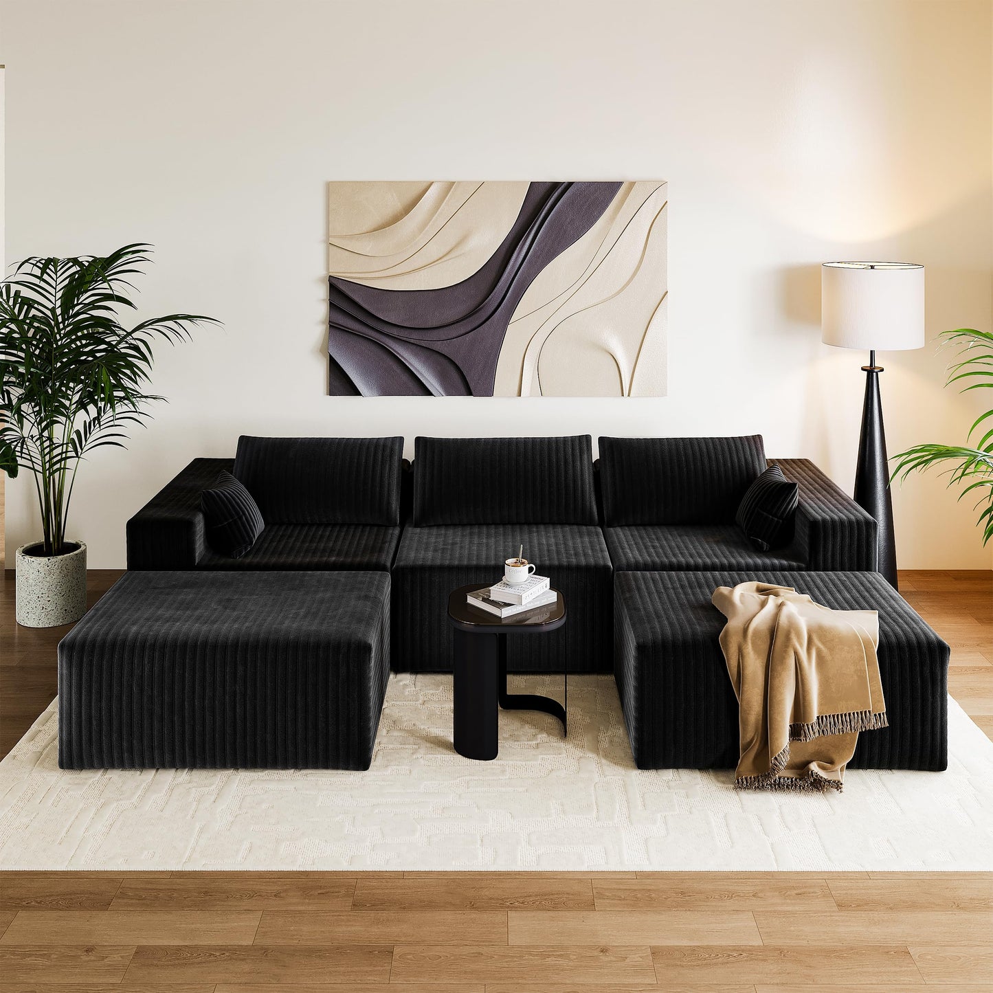 CABZOON 110" Boneless Couches for Living Room Cloud Couch Modular Sectional Sofa with Deep Seat Plush Large Foam SofaU-Shape Sofa Couch,No Assembly Required, Black (Plush Corduroy Fabric)