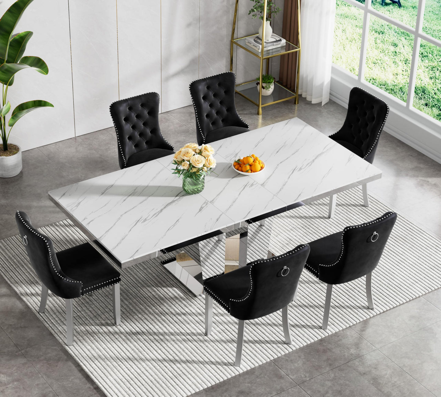 7-Piece Faux Marble Dining Table Set for 6, 63-94.5" Large Extendable Kitchen Table Set with 6 Black Tufted Chairs, Modern Expandable Dining Room Table for 6 8 10 with Mirrored Double Column Base