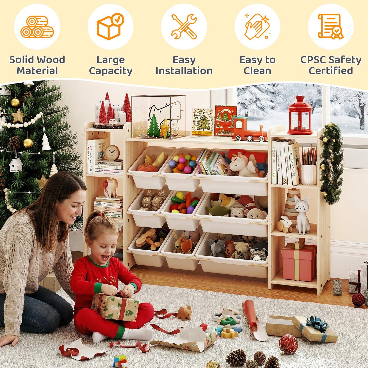 GITAWUSA Toy Storage Organizer, Kids Bookshelf with 6 Shelves, 9 Toy Bins & 6 Hooks | Toy Shelf, Storage Bin Unit, Toy Organization for Playroom, Nursery, Bedroom, Toddler Room | Wood & White