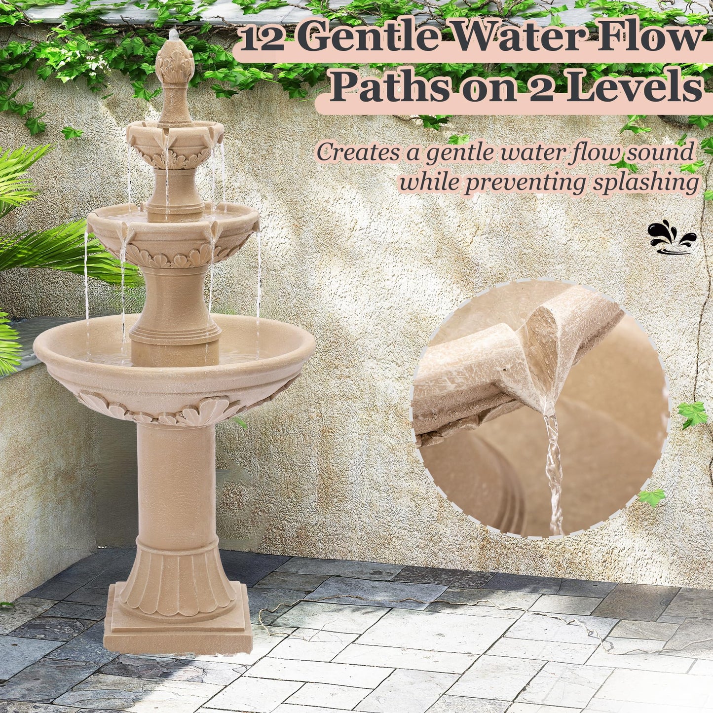 MAGIC UNION Outdoor Garden Water Fountains, 48.4''H Italian Style Fountains and Waterfalls Outside, 3-Tier Large Bubbler Cascading Indoor Floor Water Fountain Features with Pump for Home Yard Decor