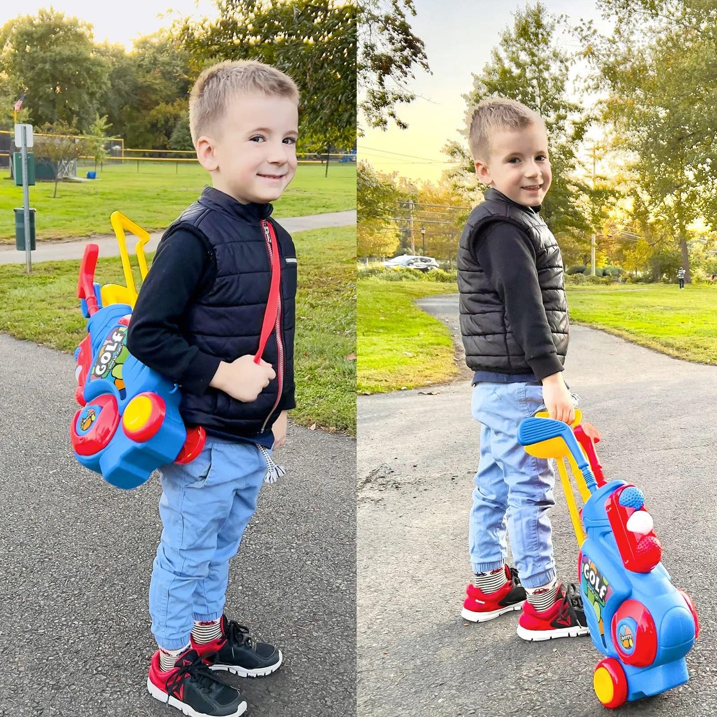 Liberry Toddler Golf Set with Putting Mat for 2 3 4 Years Old Boys Girls, Upgraded Kids Golf Cart with Unique Shoulder Strap Design, Indoor and Outdoor Golf Toys Gifts