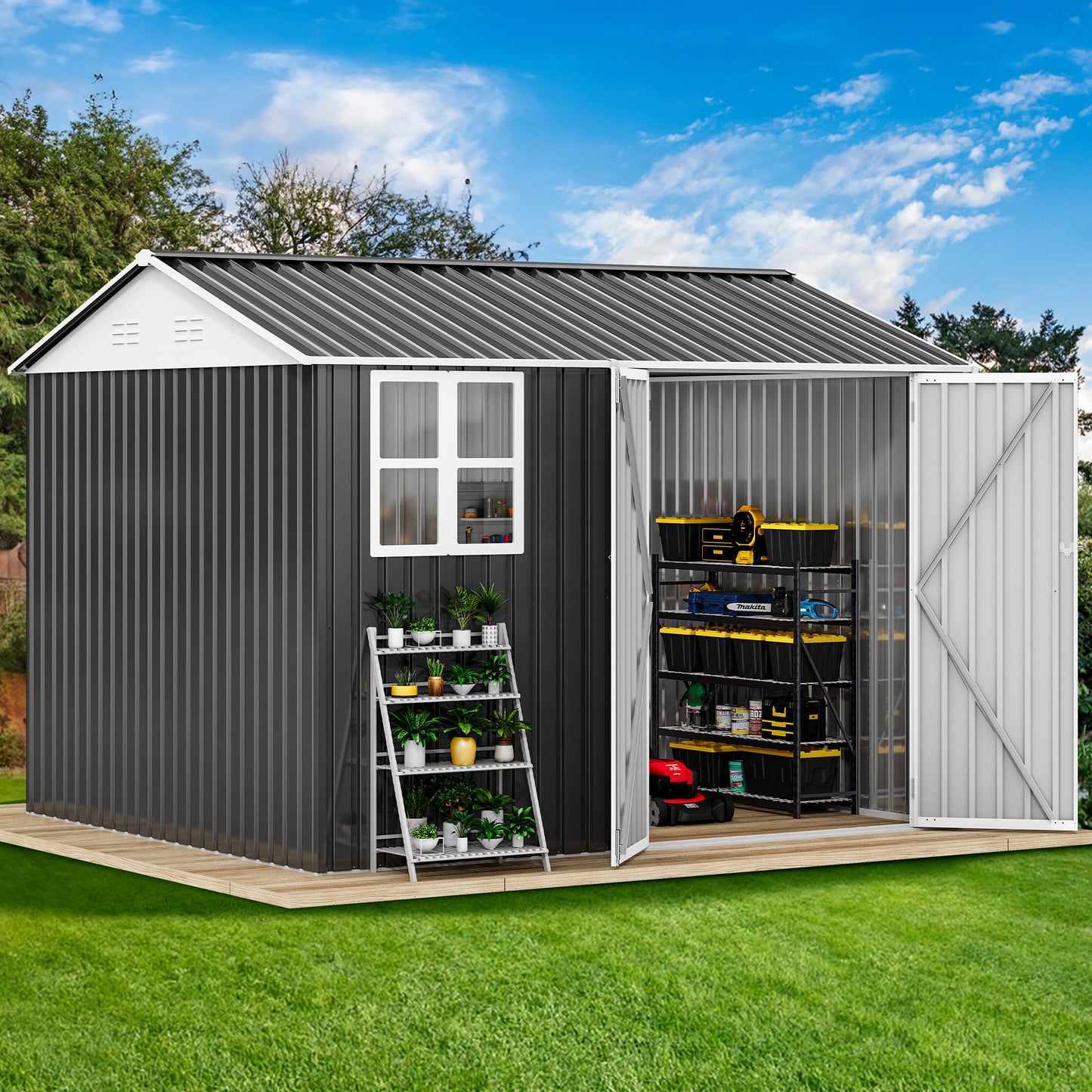 DWVO 10x8ft Large Tool Storage Shed with Window, Lockable Doors, and Sloped Roof, Oversized Steel Outdoor Storage Shed for Garden, Patio, Garage, Backyard, Lawn - Dark Gray