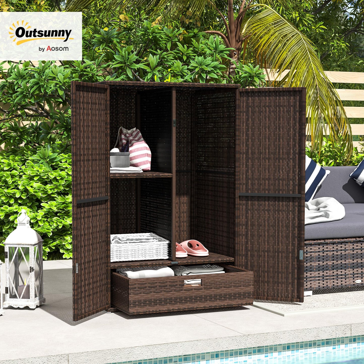 Outsunny Wicker Outdoor Storage Cabinet with Shelves, 2-Door Rattan Pool Towel Storage Cabinet with Removable Shelf & Drawer, Outdoor Towel Holder for Garden, Backyard, Porch, Mixed Brown