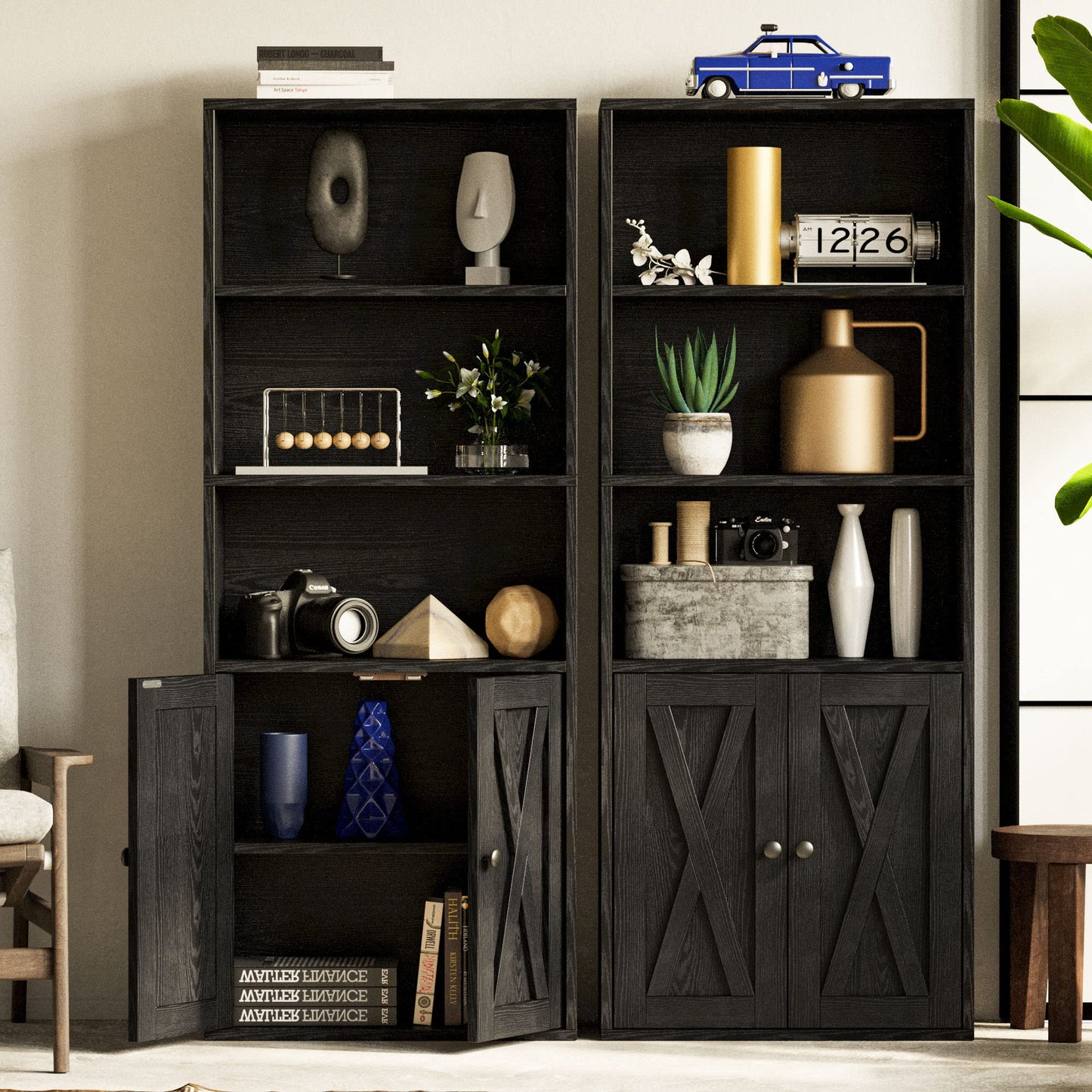 IRONCK Industrial Bookshelves and Bookcases with Doors 11.8 in Depth Floor Standing 5 Shelf Display Storage Shelves Bookcase Home Decor Furniture for Home, Office, Living Room, Bedroom