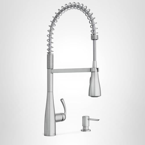 Moen Essie Spot Resist Stainless One-Handle High Arc Pre-Rinse Spring Pulldown Kitchen Faucet with Power Clean and Soap Dispenser, 87814SRS