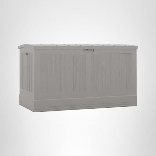 Suncast 200-gal. All-Weather Patio Deck Box, Made in the USA, with Pad-Lockable Lid, Extra-Large Outdoor Storage Unit for Patio Furniture and Grill Tools, Dove Gray Color