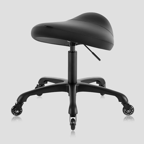 DR.LOMILOMI Heavy-Duty Ergonomic Pneumatic Swivel Rolling Saddle Stool with Extra Wide Seat for Hygienic Clinic Spa Massage Home and Office - 505 KIMO (Black)