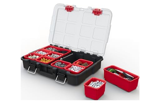 Keter Stack-n-Roll Modular Tools Organizer for Garage Storage and DIY, 3 Piece Resin Rolling Tool Box System for Small Parts, Black