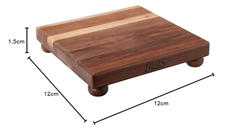 John Boos B Series Square Wooden Walnut Cutting Board 12”x12” – 1.5” Thick, 5-lb Non-Reversible Butcher Block with Wood Bun Feet & Edge-Grain