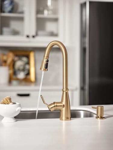 Moen Nolia Brushed Gold Kitchen Faucet with Soap Dispenser, Pull Down Sprayer with Power Boost, Transitional High Arc Kitchen Faucet, One-Handle Easy Installation, 87071BZG