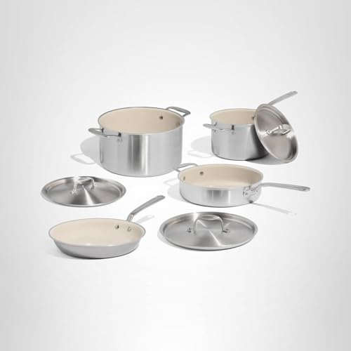 Made In Cookware | 7-Piece Ceramic Non Stick Pot and Pan Set (Stainless Handle) | 5-Ply Stainless Clad | Professional Cookware | Crafted in Italy | Induction Compatible