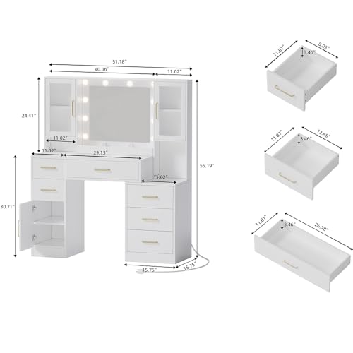 lertrugs Makeup Vanity Desk with Mirror and Lights, 51”Makeup Vanity Table with Lighted Mirror, Nightstand Dressing Table with Mirror and Lights, Big Vanity with 6 Drawers & Lots Storage Space White