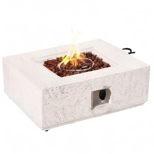 COSIEST Outdoor Propane Fire Pit Coffee Table w Square Faux Stone 35-inch Base, 50,000 BTU Stainless Steel Burner, Free Lava Rocks and Rain Cover