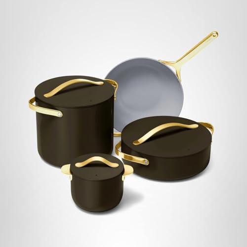 Caraway Cookware+ Collection - Specialty Cookware Set - Petite Cooker, Stir Fry Pan, Rondeau, & Stock Pot - 3 Lids & Storage Organizer Included - Black