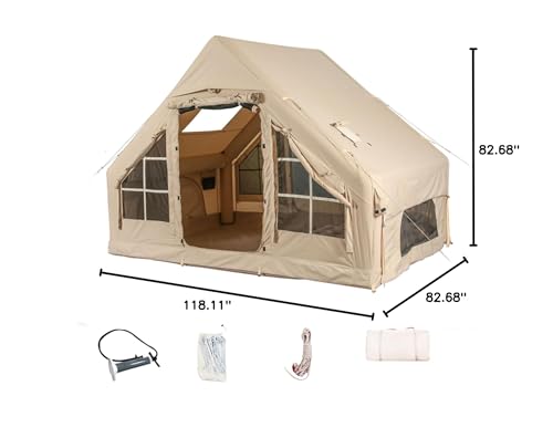 Inflatable Camping Tents with Hand Pump, Air Glamping Tents, Easy Setup Waterproof and Windproof Blow up Tent, 4 Seasons Oxford Cabin Tent with Mesh & Chimney Window. (10 * 6.9ft)