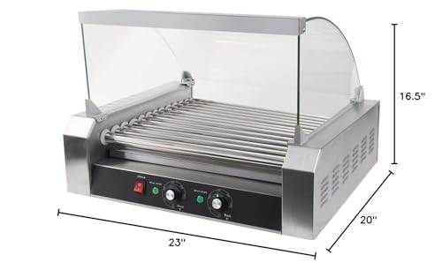 ReunionG Commercial Electric Hotdog Grilling Cooker 11 Rollers for 30 Hotdogs Stainless Steel Hot Dog Warmer Grilling Machine with Cover, Grade 1650W (20''W)