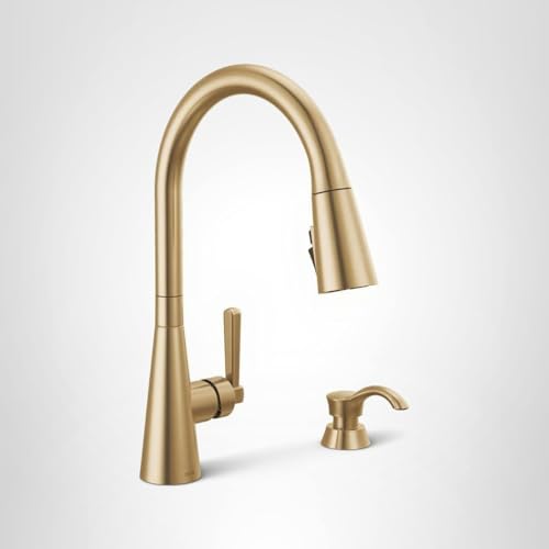 Delta Boyd Brushed Gold Kitchen Faucet with Pull Down Sprayer and Soap Dispenser, Modern Single Hole Kitchen Sink Faucet, Single Handle, Champagne Bronze 19893Z-CZSD-DST