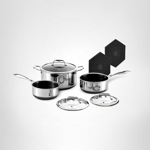HexClad Hybrid Nonstick 6-Piece Pot Set with 2 Silicone Trivets, 2, 3, and 8-Quart Pots with Tempered Glass Lids, Stay-Cool Handles, Dishwasher-Friendly, Induction Ready, Compatible with All Cooktops