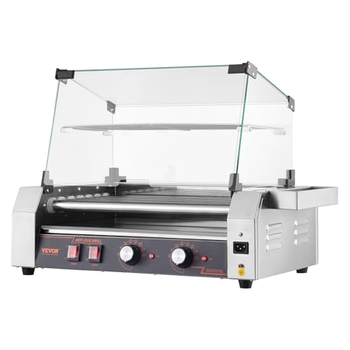 VEVOR Hot Dog Roller, 18 Hot Dog 7 Rollers, Stainless Steel Sausage Grill Cooker, 1050W Commercial Hot Dog Machine with Dual Temp Control, Cover, Side Storage Box, Removable Shelf & Oil Drip Tray