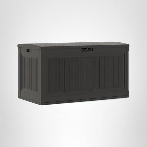 Suncast 80-Gal. Resin Large Outdoor Patio Deck Box with Pad-Lockable Lid, Modern Outdoor Patio Bench/Storage Box for Cushions, Garden Tools, and More, Iron Ore