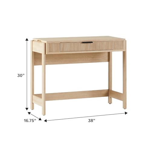 WALKER EDISON Transitional Style Furniture, Reeded Detail, Lift-Top Desk with Drawer and Storage Cubby, Sitting to Standing Desk, Soft Self-Close Desktop, 38”W x 16.75”D x 30”H, Coastal Oak