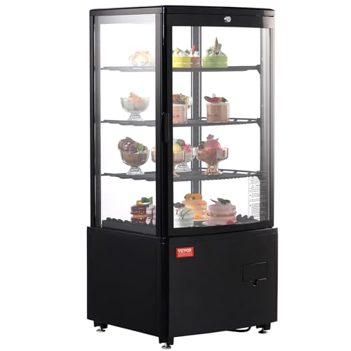 VEVOR XC-78L(1R) Cake Refrigerated 3 Cu.Ft./85L Countertop Pastry, Commercial Display Case with LED Lighting, TURBO, Frost-Free Air-Cooling, Locked Door for Bakery, 18.8 x 16.9 x 38 in, Black
