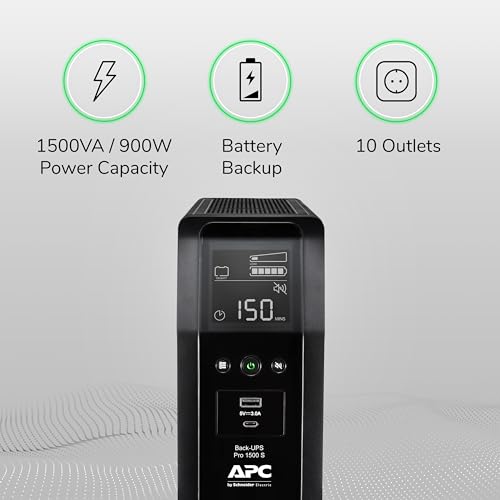 APC UPS Back-UPS Pro 1500VA Sinewave UPS, 900W Battery Backup & Surge Protector, AVR, 10 Outlets, LCD, USB-C & USB-A Charging Ports, BR1500MS2 Uninterruptible Power Supply for Computers, Electronics