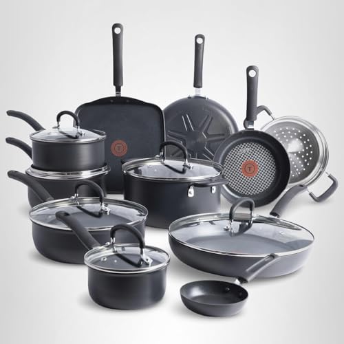 T-Fal Ultimate Hard Anodized Nonstick Pots and Pans Set 17 Piece, Nonstick Cookware Set with Fry Pan, Saucepans, Saute-Pan, Griddle, Dishwasher Safe, Black