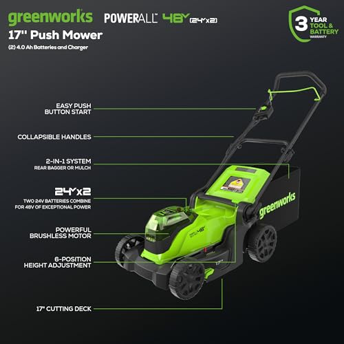 Greenworks 48V (24V x 2) 17" Brushless Cordless Push Lawn Mower, Includes (2) 4.0Ah Batteries and Dual Port Rapid Charger((200+ Compatible Tools, 45Min Runtime)