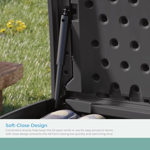 Suncast Extra Large 200 Gallon Deck Box - Resin Outdoor Storage Box for Patio Cushions, Outside Toys, Garden Tools & Pool Supplies, Weatherproof Lockable Outdoor Storage Bin, Peppercorn