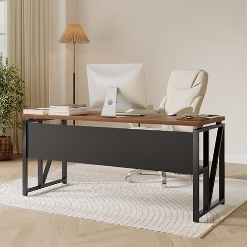 LITTLE TREE 55-Inch Executive Office Desk, Large Computer Desk with Storage Shelf, Executive Desk with Metal Frame, Thickened Desktop, Study Writing Desk Work Station for Home Office, Walnut Black