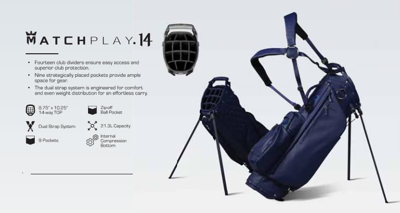 Sun Mountain Men's Matchplay LS Lightweight Stand Golf Bag 14-Way Top - 9 Pockets, Dual Strap System, Push & Electric Cart Compatible Compression Base, 2025 Model - Navy