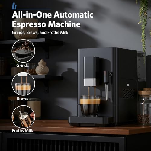 Electactic Automatic Espresso Machine with Grinder, 20 Bar Coffee Maker with Milk Frother, Adjustable Grinding Coffee Machine for Cappuccino & Latte, Touch Control & Auto Self-Cleaning