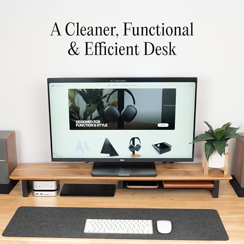 COREMINDED Solid Wood Dual Monitor Stand Riser – 43" Oak Desk Shelf for 2 Monitors with Tray & Wool Felt, Organizer for Desktop, Laptop and Office (Solid Oak)
