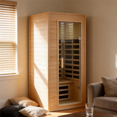 Kanlanth 1 Person Infrared Sauna, Low EMF FAR Infrared Saunas for Home, 1200 watt Canadian Hemlock Indoor Sauna Room with LED Reading Lamp, LCD Display Control, Blue-Tooth Audio