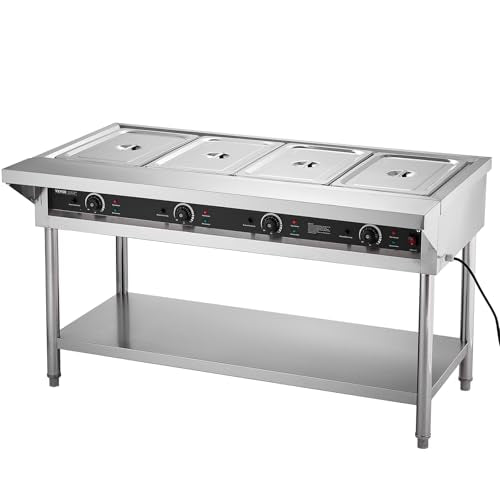 VEVOR 4-Pan Commercial Food Warmer, Electric Steam Table with Independent Temperature Control, 450W x 4 Stainless Steel Buffet Catering Food Warmer with Undershelf and Workspace, for Restaurant