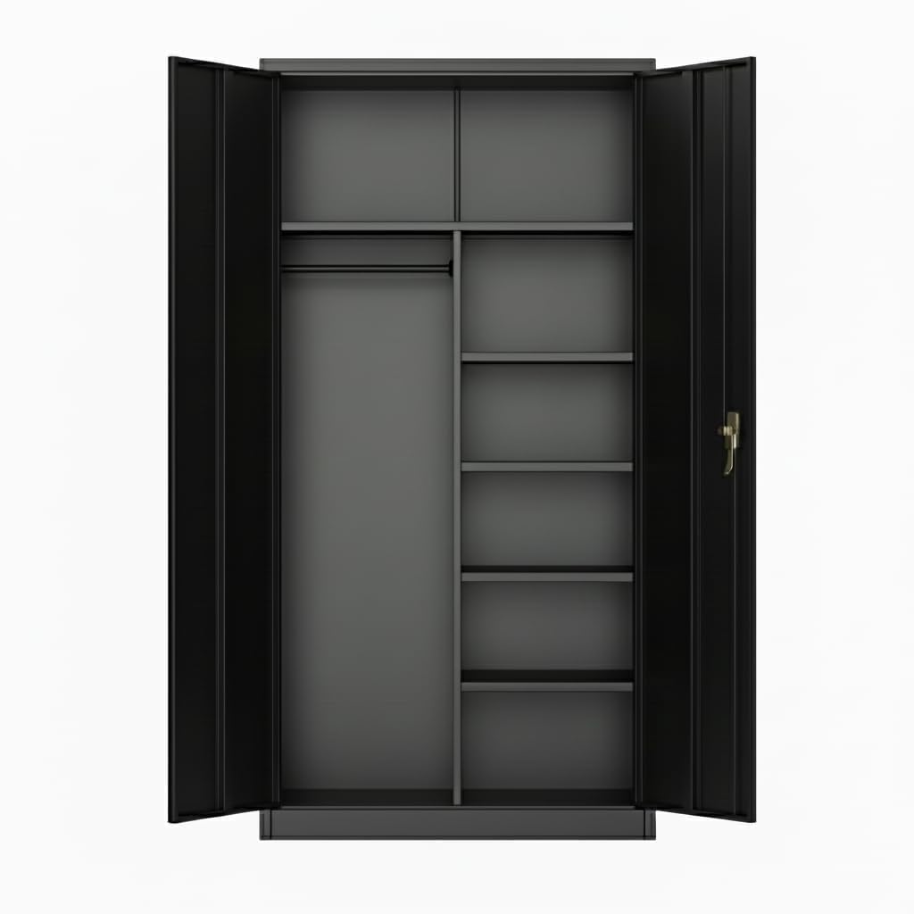 PeacefulHues Steel Wardrobe Cabinet with Locking Doors, Adjustable Shelves & Hanging Rod, Large Metal Storage Closet for Clothes, Tools, Garage, Home, Gym, Government, Easy Assembly