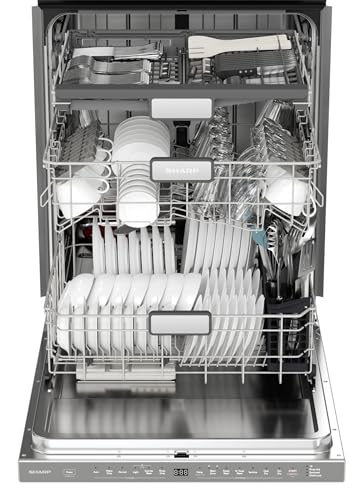 SHARP SDW6767HS Smart Dishwasher Works with Alexa. Includes LED Interior lights, Stainless Steel interior, Heated Dry with Fan Assist, Wash Zone cleans half load on either rack, Adjustable Third Rack