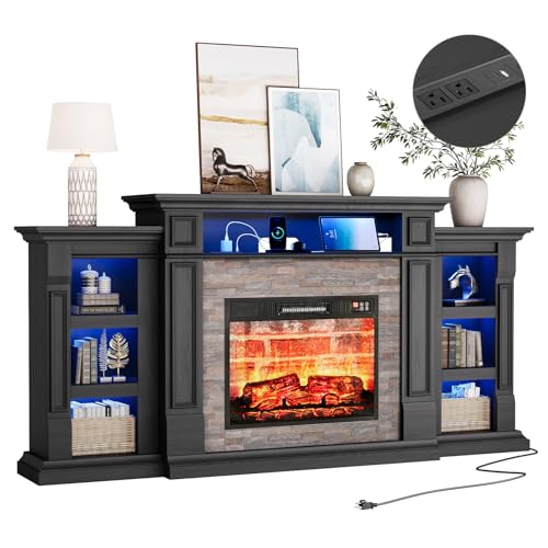 72'' Fireplace TV Stand with Outlet & LED, Electric Fireplace with Mantel, Entertainment Center with Storage, 23'' Fireplace Heater Insert with 3D Flame Effect for Living Room, Black
