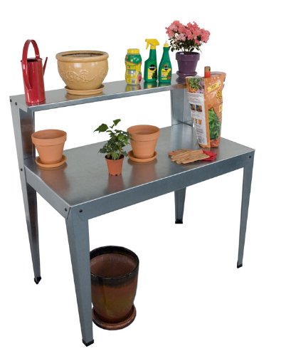 Poly-Tex 2-Tier Workbench Steel Greenhouse Potting and Nursery Work Table Shelf for Garage, Garden, and Green Houses, Shelves for Plants and Equipment (Silver)
