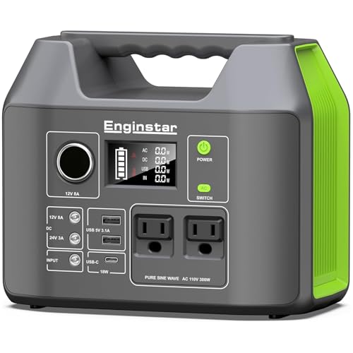 EnginStar Solar Generator, 300W Portable Power Station, 296Wh Lithium Battery Backup w/Two 110V Pure Sine Wave AC Outlet for Camping Road Trip RV, 80000mAh Sufficient Power Supply for Blackout