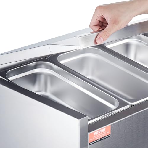 VEVOR Refrigerated Condiment Prep Station, 135 W Countertop Refrigerated Condiment Station, with 2 1/3 Pans & 4 1/6 Pans, 304 Stainless Body and PC Lid, Sandwich Prep Table with Stainless Guard, ETL