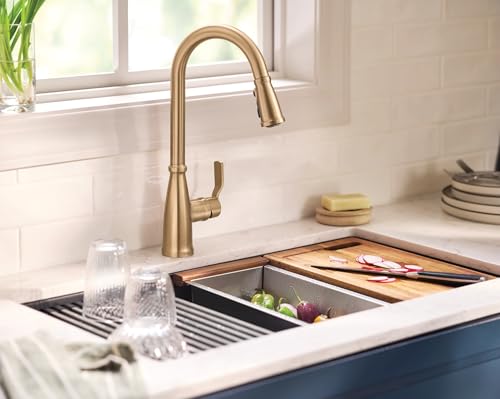 Moen Nolia Brushed Gold Kitchen Faucet with Soap Dispenser, Pull Down Sprayer with Power Boost, Transitional High Arc Kitchen Faucet, One-Handle Easy Installation, 87071BZG