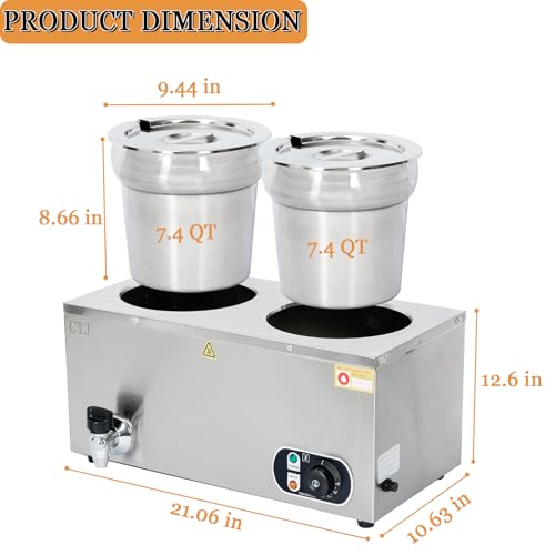 CTJ Electric Soup Warmer Two 7.4QT Commercial Food Warmer 304 Stainless Steel Bain Marie 86°F~185°F Adjustable, with Drain Faucet, Buffet Warmer Steam Table for Catering Restaurant Buffet