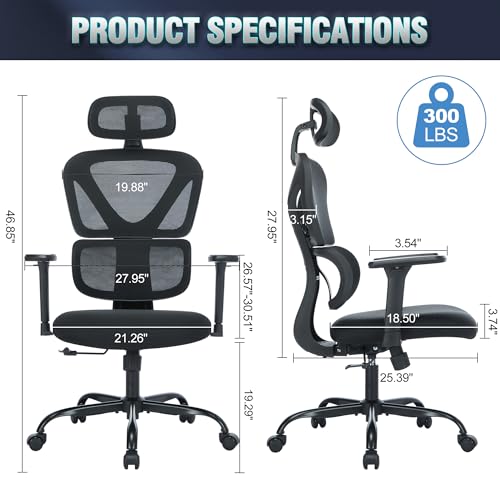 MALOL Ergonomic Office Chair with Adjustable Headrest & 3D Armrests, High Back Mesh Desk Chair with Lumbar Support, Reclining Lock 97°-125°, Swivel Computer Task Chair for Home Office, 300 LBS